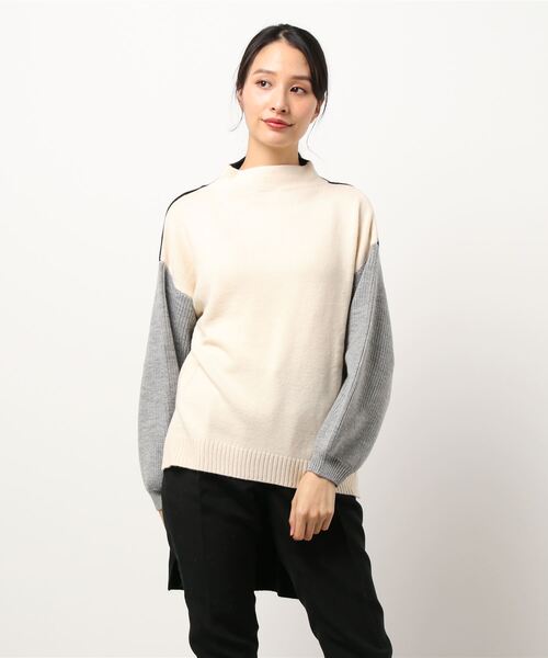 INTERPLANET(インタープラネット)の「袖片畦配色前後差チュニックプルオーバー(ニット/セーター・レディース・グリーン/マスタード/オフホワイト・FREE)」の1枚目の写真