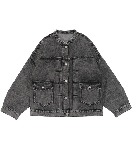 SPINNS（スピンズ）の「【ゆったりシルエット】ウォッシュ加工 ノーカラーデニムジャケット（デニムジャケット・レディース・ブラック系その他/ブルー系その他・ONESIZE）」の3枚目の写真