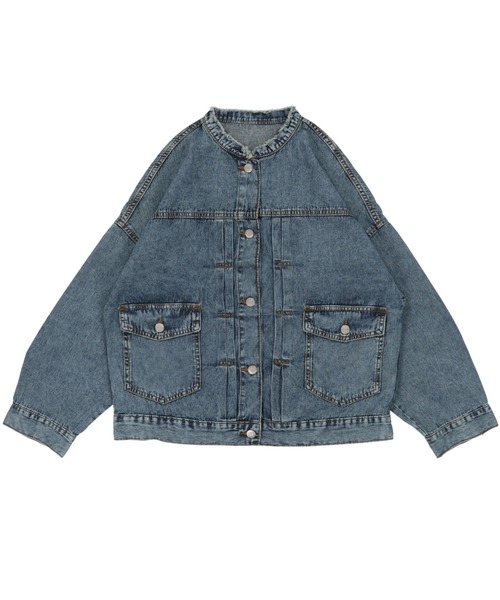 SPINNS（スピンズ）の「【ゆったりシルエット】ウォッシュ加工 ノーカラーデニムジャケット（デニムジャケット・レディース・ブラック系その他/ブルー系その他・ONESIZE）」の5枚目の写真