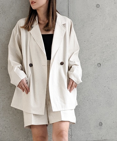 Per sist ence（パーシエンス）の「Per sist ence/パーシエンス　リネンライク ダブルジャケット（テーラードジャケット・レディース・ベージュ/ブラウン/アイボリー・FREE）」の2枚目の写真
