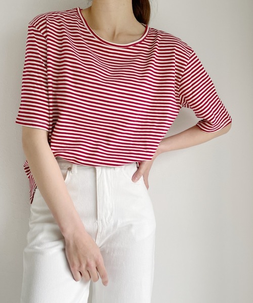 Alite cloth（アリーテクロス）の「ボートネックボーダーカットソーブラウス（Tシャツ/カットソー・レディース・ベージュ/レッド/カーキ・FREE）」の3枚目の写真