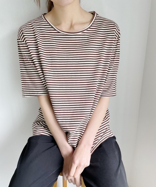 Alite cloth（アリーテクロス）の「ボートネックボーダーカットソーブラウス（Tシャツ/カットソー・レディース・ベージュ/レッド/カーキ・FREE）」の4枚目の写真