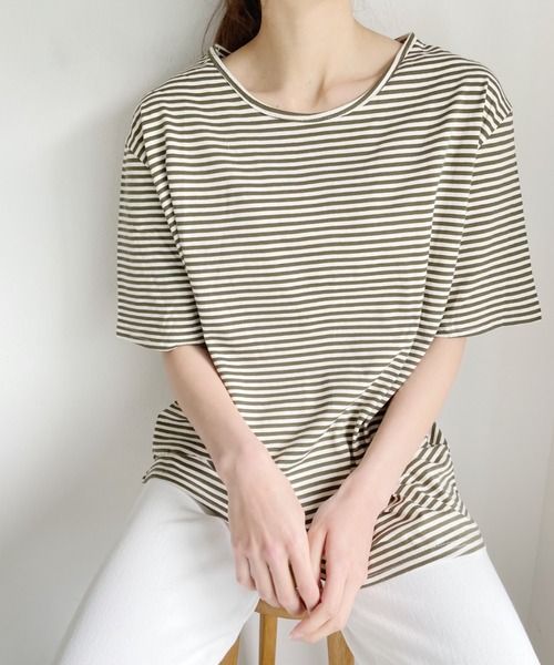Alite cloth（アリーテクロス）の「ボートネックボーダーカットソーブラウス（Tシャツ/カットソー・レディース・ベージュ/レッド/カーキ・FREE）」の8枚目の写真