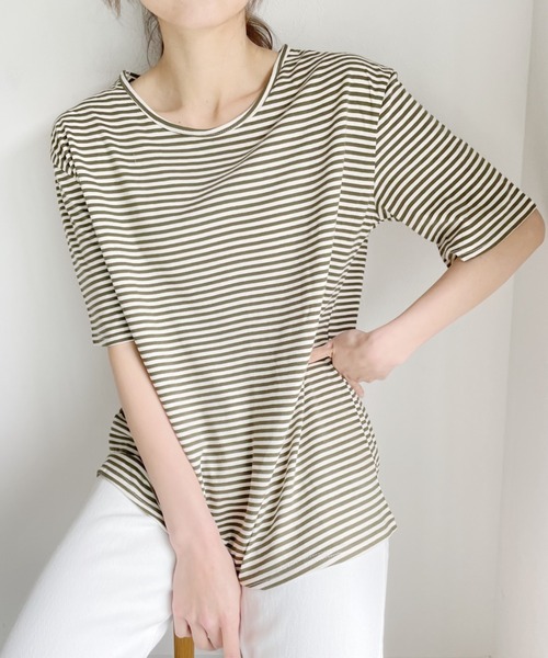 Alite cloth（アリーテクロス）の「ボートネックボーダーカットソーブラウス（Tシャツ/カットソー・レディース・ベージュ/レッド/カーキ・FREE）」の9枚目の写真
