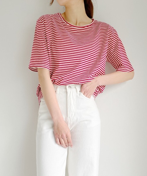 Alite cloth（アリーテクロス）の「ボートネックボーダーカットソーブラウス（Tシャツ/カットソー・レディース・ベージュ/レッド/カーキ・FREE）」の17枚目の写真