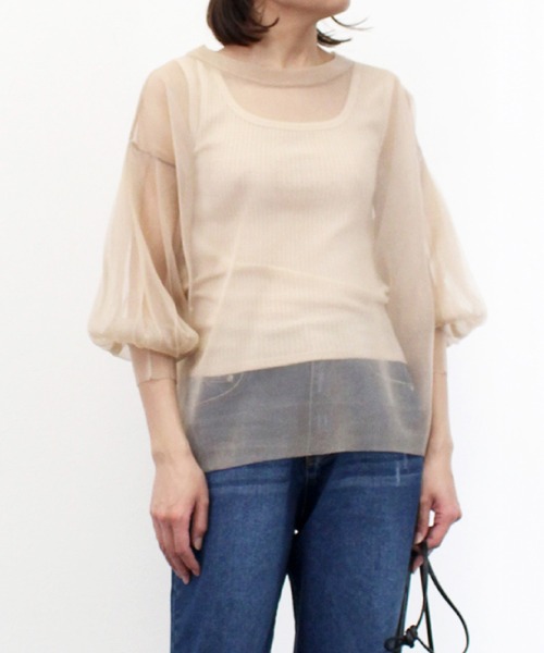 STYLEBLOCK(スタイルブロック)の「シアーラメニットボリュームスリーブプルオーバー(ニット/セーター・レディース・ミント/ライトブルー/ブラック/ベージュ・M)」の3枚目の写真