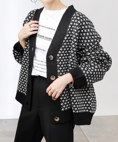 COLONY 2139（コロニートゥーワンスリーナイン）の「【TV媒体紹介商品】バイカラージャガード柄ニットカーディガン（カーディガン/ボレロ・レディース・ブラック/アイボリー/ブラウン・LARGE/MEDIUM）」の2枚目の写真