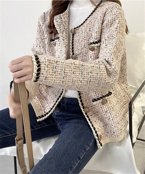 MAISON DE THERESE(メゾン ド テレーズ)の「配色パイピングタイプ ジャカード織ジャケット(ノーカラージャケット・レディース・ピンク/ブルー/アイボリー・FREE)」の3枚目の写真