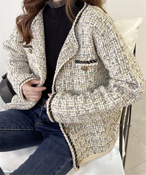 MAISON DE THERESE(メゾン ド テレーズ)の「配色パイピングタイプ ジャカード織ジャケット(ノーカラージャケット・レディース・ピンク/ブルー/アイボリー・FREE)」の6枚目の写真
