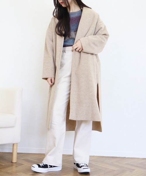 セール ミックスシャギー ダブルフェイス ノーカラー ロングコート ノーカラーコート Voov ブーブ のファッション通販 Zozotown