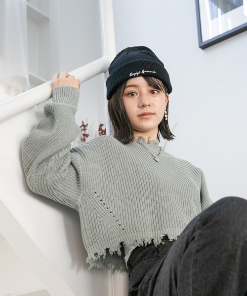 repipi armario(レピピ アルマリオ)の「ショート丈ダメージニット(ニット/セーター・レディース・グリーン/ブラック/グレー/グリーン系その他/ブルー系その他/ホワイト・MEDIUM/LARGE/SMALL)」の4枚目の写真