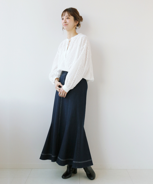 セール】レース刺繍スキッパーブラウス（シャツ/ブラウス