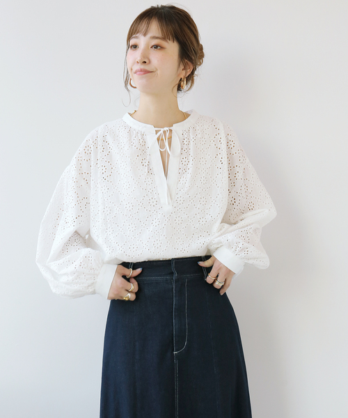 セール】レース刺繍スキッパーブラウス（シャツ/ブラウス