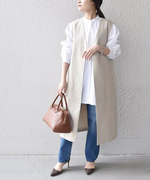 極美品✨ シップスロングジレミックスリネンベストベージュ美
