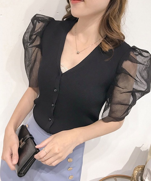 LUGG NAGG(ラグナグ)の「シフォンパフスリーブリブカーディガン(Tシャツ/カットソー・レディース・ホワイト/ブラック/モカ/ライトベージュ・M)」の1枚目の写真