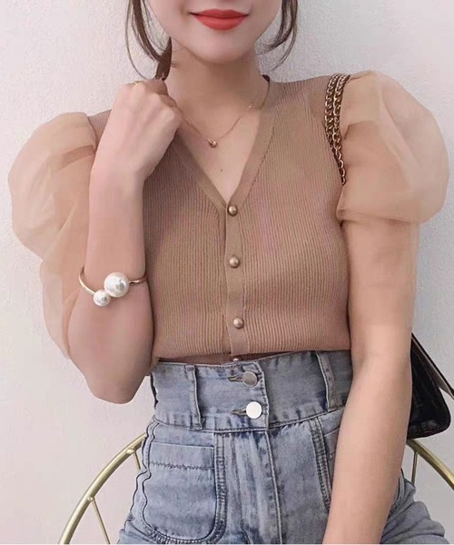 LUGG NAGG(ラグナグ)の「シフォンパフスリーブリブカーディガン(Tシャツ/カットソー・レディース・ホワイト/ブラック/モカ/ライトベージュ・M)」の5枚目の写真