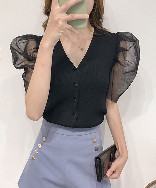 LUGG NAGG(ラグナグ)の「シフォンパフスリーブリブカーディガン(Tシャツ/カットソー・レディース・ホワイト/ブラック/モカ/ライトベージュ・M)」の6枚目の写真
