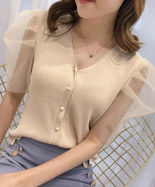 LUGG NAGG(ラグナグ)の「シフォンパフスリーブリブカーディガン(Tシャツ/カットソー・レディース・ホワイト/ブラック/モカ/ライトベージュ・M)」の7枚目の写真