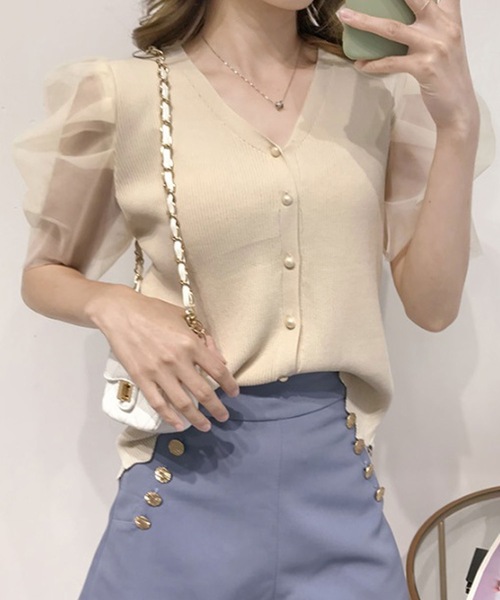 LUGG NAGG(ラグナグ)の「シフォンパフスリーブリブカーディガン(Tシャツ/カットソー・レディース・ホワイト/ブラック/モカ/ライトベージュ・M)」の8枚目の写真