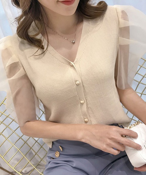 LUGG NAGG(ラグナグ)の「シフォンパフスリーブリブカーディガン(Tシャツ/カットソー・レディース・ホワイト/ブラック/モカ/ライトベージュ・M)」の9枚目の写真