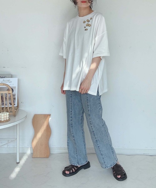 AS KNOW AS plus（アズノゥアズプラス）の「●ポップコーン刺繍Tシャツ（Tシャツ/カットソー・レディース・オフホワイト/ブラック/グリーン・FREE）」の5枚目の写真