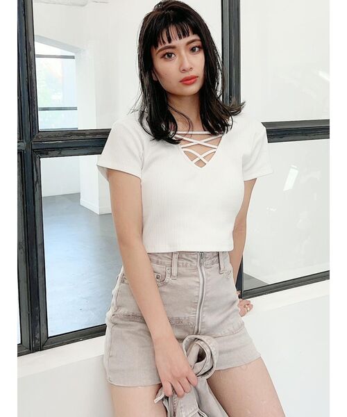 GYDA(ジェイダ)の「2WAYバインダーショートTシャツ(Tシャツ/カットソー・レディース・ブラック/ベージュ/オフホワイト/ミント・FREE)」の2枚目の写真