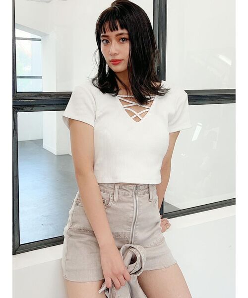 GYDA(ジェイダ)の「2WAYバインダーショートTシャツ(Tシャツ/カットソー・レディース・ブラック/ベージュ/オフホワイト/ミント・FREE)」の6枚目の写真