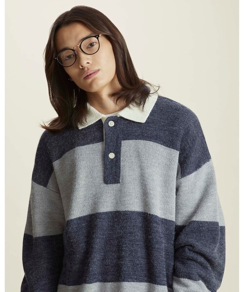 info. BEAUTY&YOUTH(インフォビューティアンドユース)の「【WEB限定】 <info. BEAUTY&YOUTH> バルーンシルエット ボーダー ニットポロ(ニット/セーター・メンズ・ライトブルー/ダークグリーン/ダークブラウン・S/M/L)」の3枚目の写真