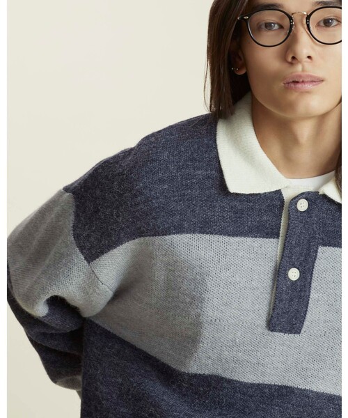 info. BEAUTY&YOUTH(インフォビューティアンドユース)の「【WEB限定】 <info. BEAUTY&YOUTH> バルーンシルエット ボーダー ニットポロ(ニット/セーター・メンズ・ライトブルー/ダークグリーン/ダークブラウン・S/M/L)」の4枚目の写真