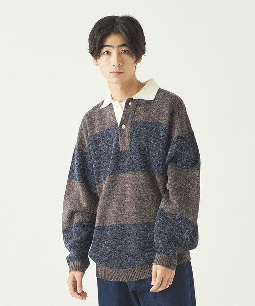 info. BEAUTY&YOUTH(インフォビューティアンドユース)の「【WEB限定】 <info. BEAUTY&YOUTH> バルーンシルエット ボーダー ニットポロ(ニット/セーター・メンズ・ライトブルー/ダークグリーン/ダークブラウン・S/M/L)」の7枚目の写真