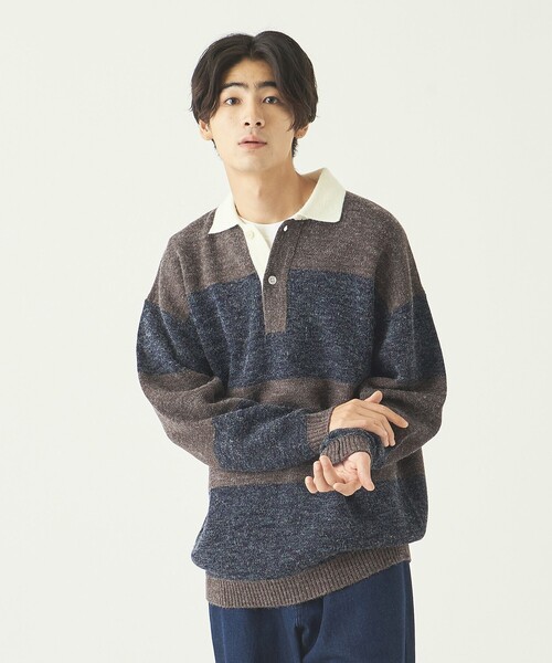 info. BEAUTY&YOUTH(インフォビューティアンドユース)の「【WEB限定】 <info. BEAUTY&YOUTH> バルーンシルエット ボーダー ニットポロ(ニット/セーター・メンズ・ライトブルー/ダークグリーン/ダークブラウン・S/M/L)」の8枚目の写真
