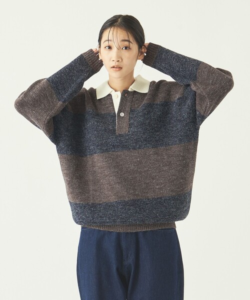info. BEAUTY&YOUTH(インフォビューティアンドユース)の「【WEB限定】 <info. BEAUTY&YOUTH> バルーンシルエット ボーダー ニットポロ(ニット/セーター・メンズ・ライトブルー/ダークグリーン/ダークブラウン・S/M/L)」の16枚目の写真