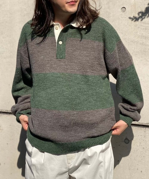 info. BEAUTY&YOUTH(インフォビューティアンドユース)の「【WEB限定】 <info. BEAUTY&YOUTH> バルーンシルエット ボーダー ニットポロ(ニット/セーター・メンズ・ライトブルー/ダークグリーン/ダークブラウン・S/M/L)」の1枚目の写真
