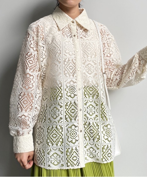 CPCM（シーピーシーエム）の「ブロックレース長袖シャツ（シャツ/ブラウス・レディース・アイボリー/ブルー/オフホワイト/ブラック・FREE）」の5枚目の写真