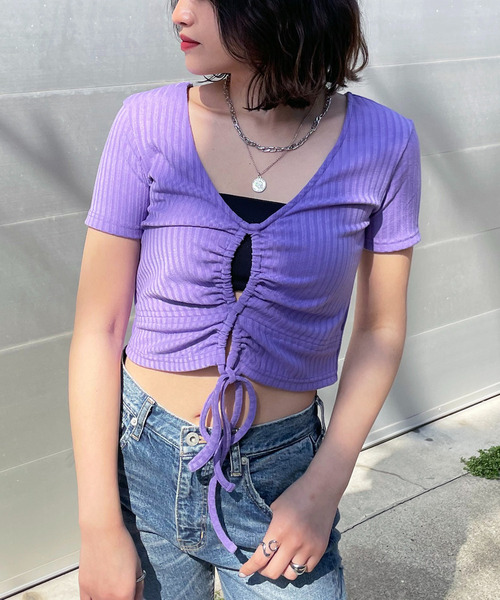 SPIRALGIRL（スパイラルガール）の「ドロストデザインリブトップス（Tシャツ/カットソー・レディース・パープル/ブラック/オフホワイト・FREE）」の18枚目の写真