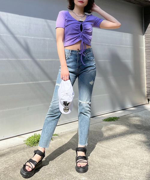 SPIRALGIRL（スパイラルガール）の「ドロストデザインリブトップス（Tシャツ/カットソー・レディース・パープル/ブラック/オフホワイト・FREE）」の19枚目の写真