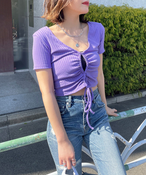 SPIRALGIRL（スパイラルガール）の「ドロストデザインリブトップス（Tシャツ/カットソー・レディース・パープル/ブラック/オフホワイト・FREE）」の20枚目の写真