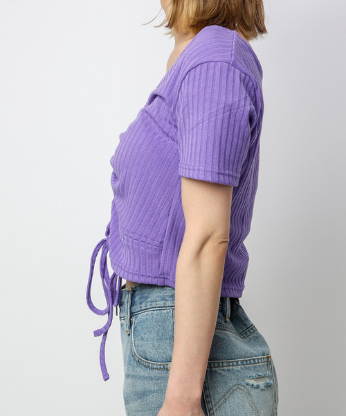 SPIRALGIRL（スパイラルガール）の「ドロストデザインリブトップス（Tシャツ/カットソー・レディース・パープル/ブラック/オフホワイト・FREE）」の22枚目の写真