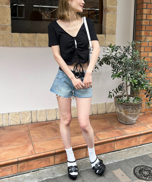 SPIRALGIRL(スパイラルガール)の「ドロストデザインリブトップス(Tシャツ/カットソー・レディース・パープル/ブラック/オフホワイト・FREE)」の20枚目の写真