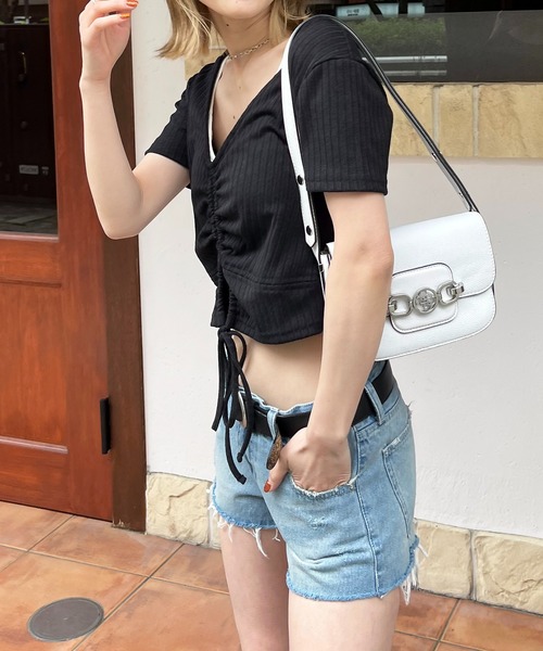 SPIRALGIRL（スパイラルガール）の「ドロストデザインリブトップス（Tシャツ/カットソー・レディース・パープル/ブラック/オフホワイト・FREE）」の5枚目の写真