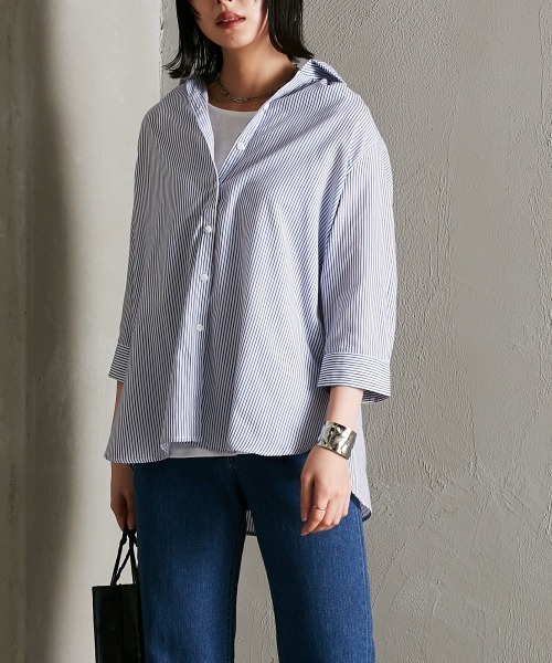 Soiunique（スワユニーク）の「カルゼ風やわらかストライプシャツ ［Soiunique］（シャツ/ブラウス・レディース・ホワイト×ブルー/ホワイト×ブラック/ホワイト×ネイビー・M/L/LL）」の7枚目の写真