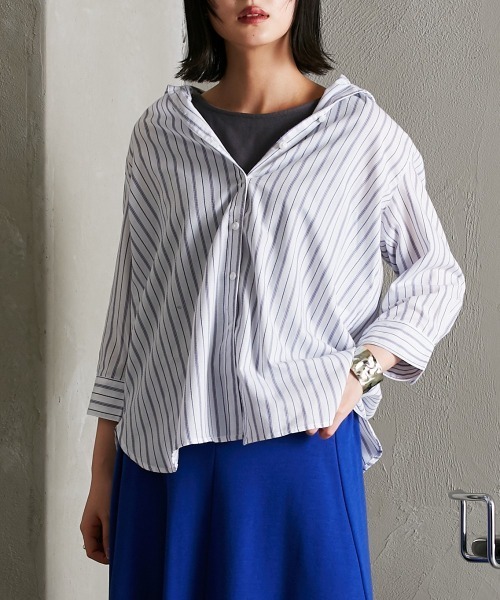 Soiunique（スワユニーク）の「カルゼ風やわらかストライプシャツ ［Soiunique］（シャツ/ブラウス・レディース・ホワイト×ブルー/ホワイト×ブラック/ホワイト×ネイビー・M/L/LL）」の12枚目の写真