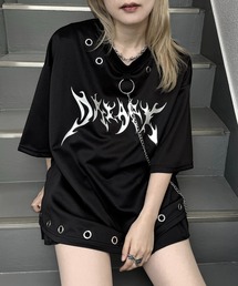 チェーン付きメタルロゴ トライバルプリント ビッグシルエットTシャツ