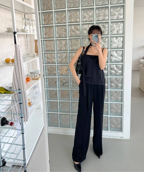 限定SALE⭐︎新品hitomi ribbon tuck pants ブラック　S ツーピンタックバックルワイドスラックス（スラックス）｜by