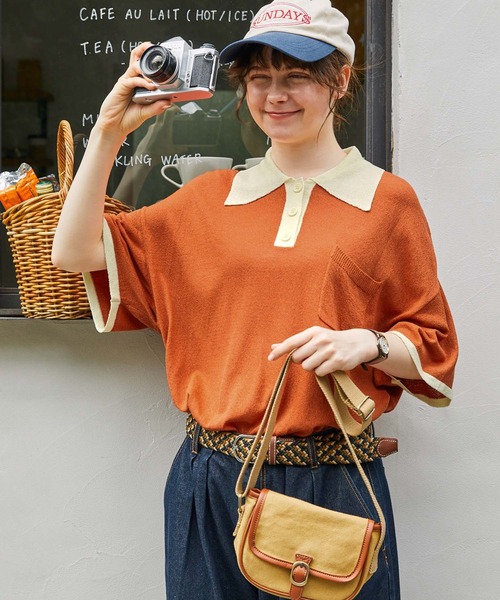 MONO-MART LADY'S（モノマートレディース）の「ポケット付き配色オーバーニットポロシャツ（ポロシャツ・レディース・アイボリー/オレンジ/ブラック系/ネイビー・FREE）」の4枚目の写真