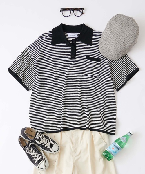 MONO-MART LADY'S（モノマートレディース）の「ポケット付き配色オーバーニットポロシャツ（ポロシャツ・レディース・アイボリー/オレンジ/ブラック系/ネイビー・FREE）」の5枚目の写真