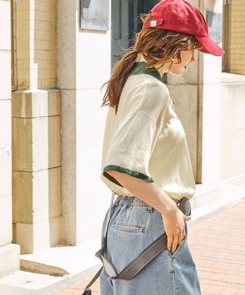 MONO-MART LADY'S（モノマートレディース）の「ポケット付き配色オーバーニットポロシャツ（ポロシャツ・レディース・アイボリー/オレンジ/ブラック系/ネイビー・FREE）」の9枚目の写真