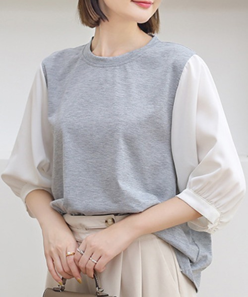 Coo+i(クーイ)の「異素材ドッキングカットソー(Tシャツ/カットソー・レディース・ブラック/グレー・FREE)」の2枚目の写真