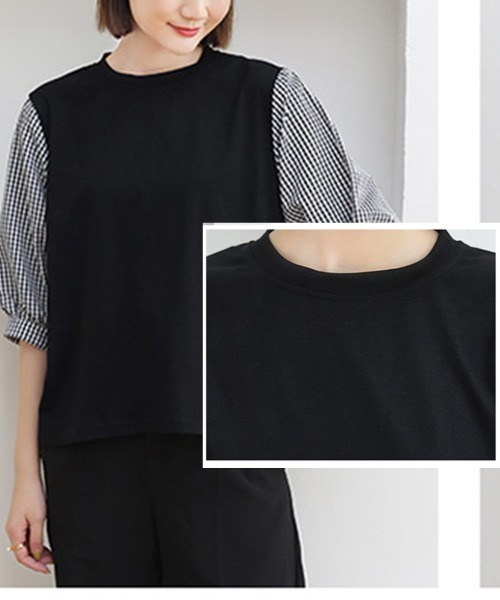 Coo+i(クーイ)の「異素材ドッキングカットソー(Tシャツ/カットソー・レディース・ブラック/グレー・FREE)」の9枚目の写真