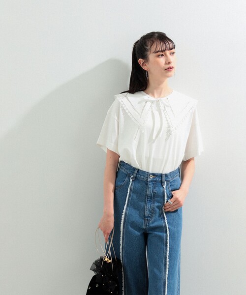 Ray BEAMS（レイビームス）の「Ray BEAMS / レース ツケエリ ハーフスリーブ Tシャツ（Tシャツ/カットソー・レディース・ホワイト/ブラック・ONE SIZE）」の7枚目の写真